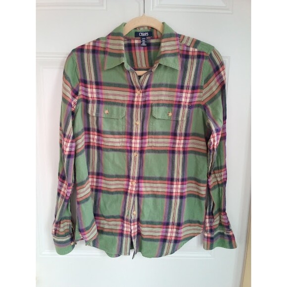 Chaps Denim Flannel Shirt Women's Size M lightweight Plaid Long Sleeve Button up - Picture 1 of 3
